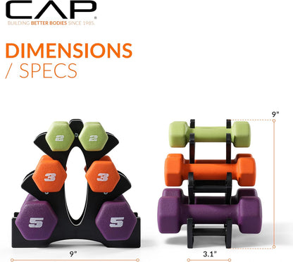 20 LB Set of Neoprene Dumbbells with Rack | 2, 3, 5 LB Pairs