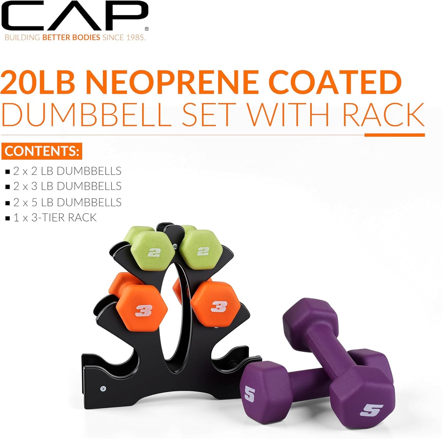 20 LB Set of Neoprene Dumbbells with Rack | 2, 3, 5 LB Pairs