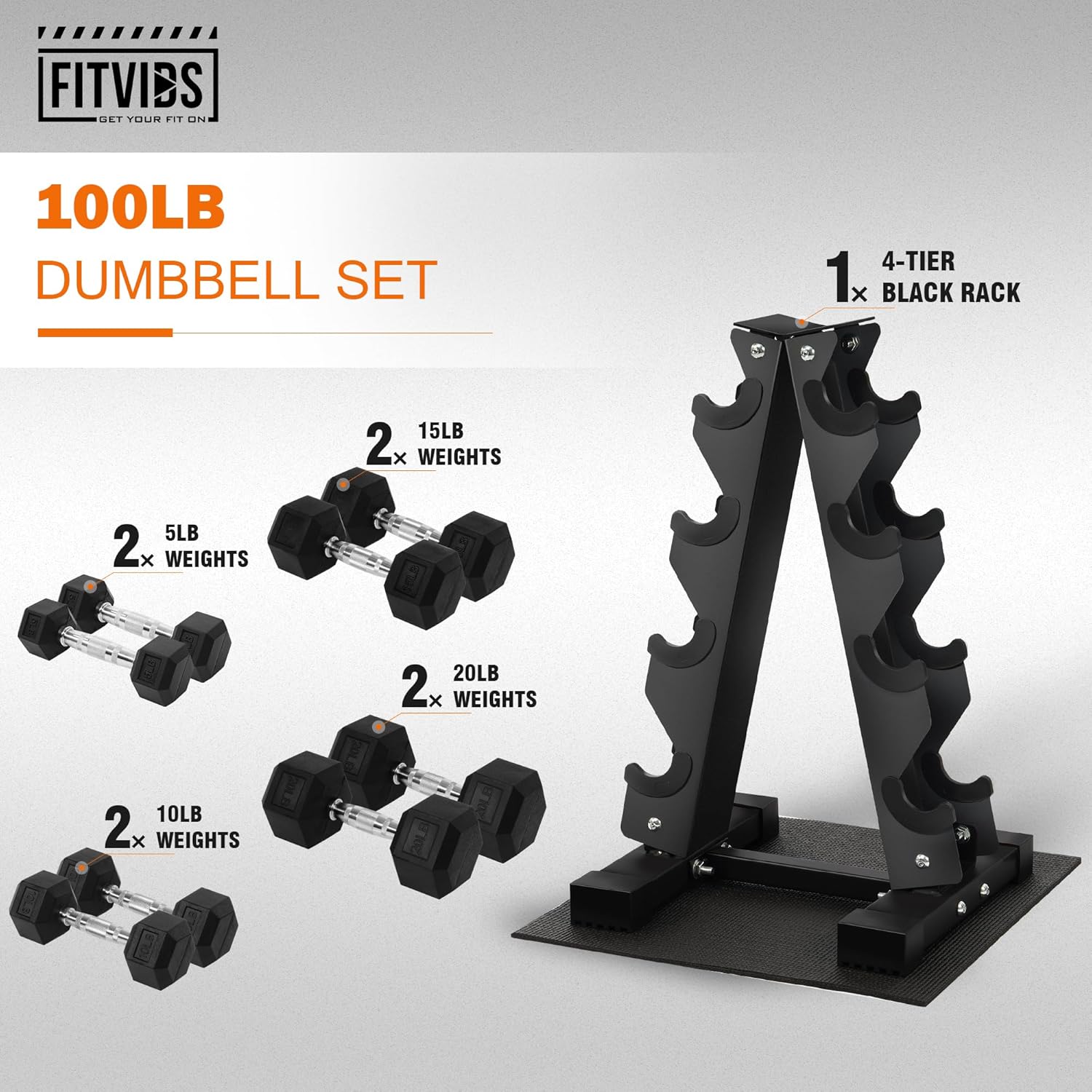 Rubber Coated Hex Dumbbell Set with Storage Rack, 100 LBS Hand Weight Set with Anti-Slip Grip for Home Gym