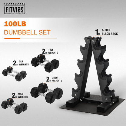 Rubber Coated Hex Dumbbell Set with Storage Rack, 100 LBS Hand Weight Set with Anti-Slip Grip for Home Gym