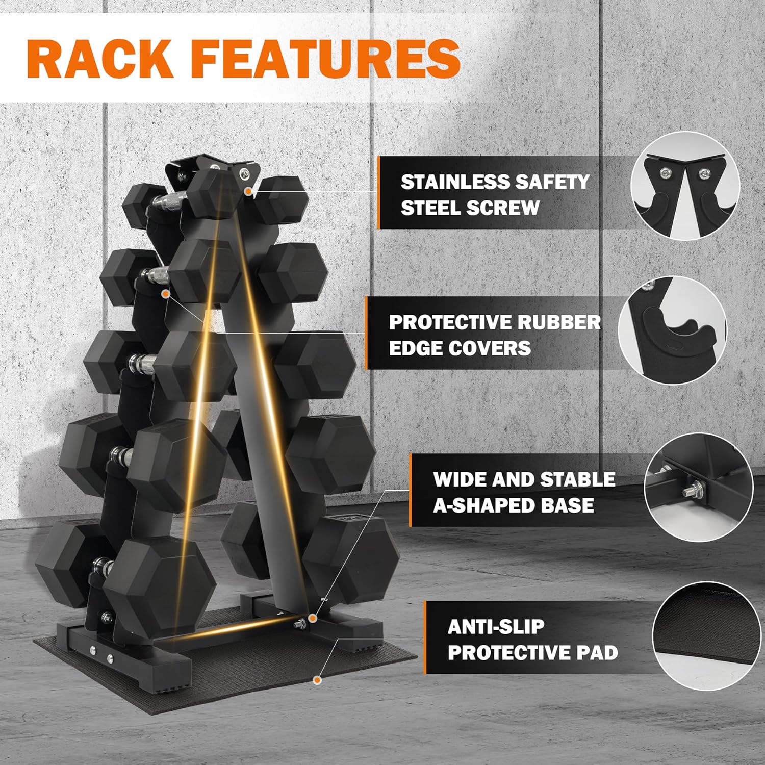 Rubber Coated Hex Dumbbell Set with Storage Rack, 150 LBS Hand Weight Set with Anti-Slip Grip for Home Gym