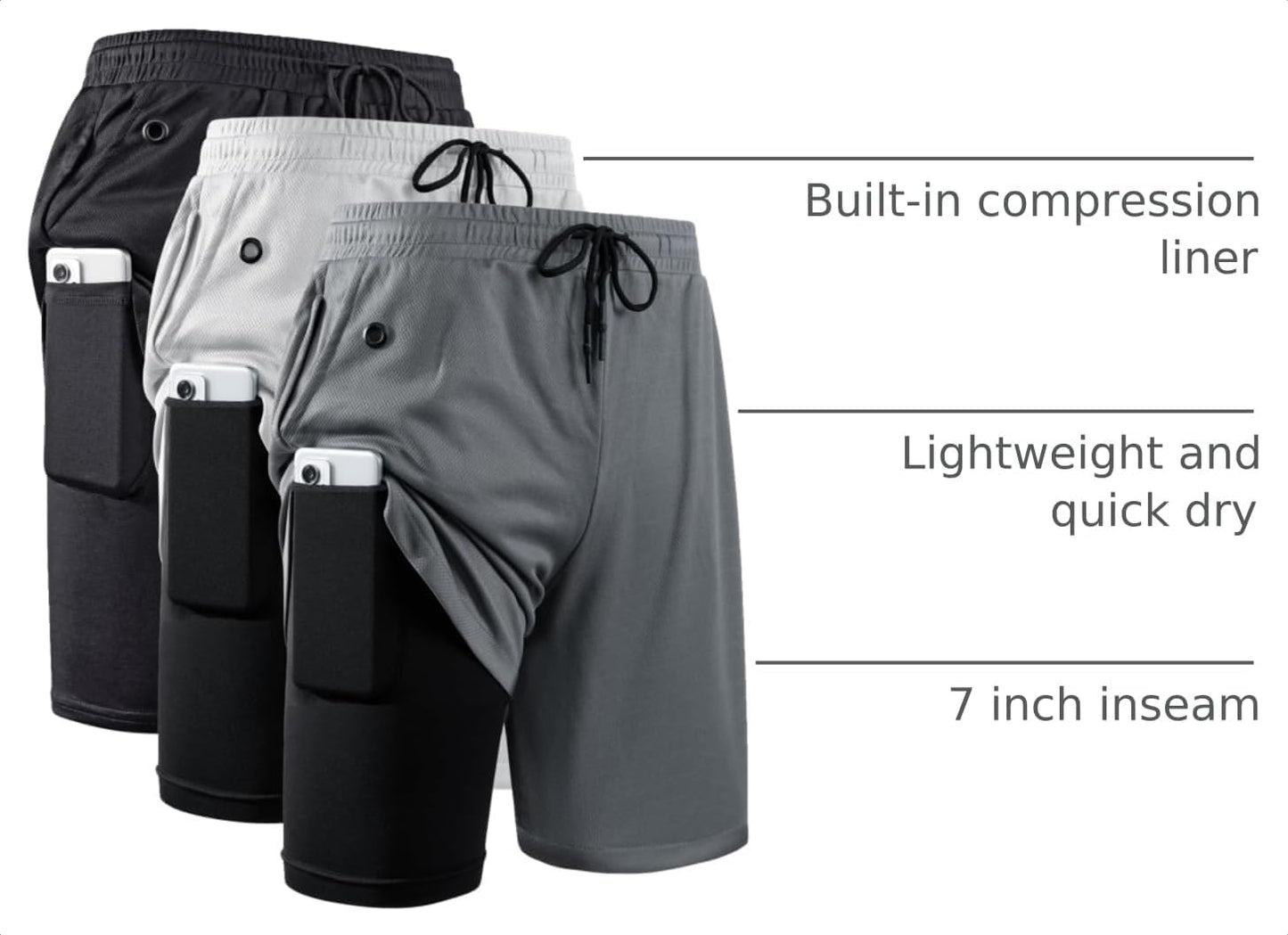 Men'S 2 in 1 Workout Running Shorts 7 Inch Lightweight Athletic Gym Shorts with Compression Liner